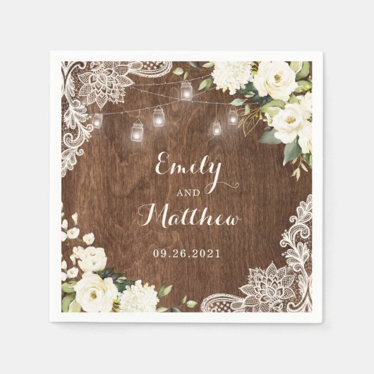 Floral Rustic Wood Lace String Lights Mason Jars Servet (Voorkant)