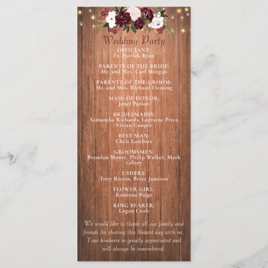 Floral Rustic Wood Mason Jar Burgundy Wedding Programma (Achterkant)