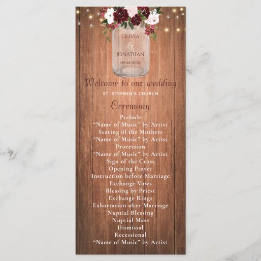 Floral Rustic Wood Mason Jar Burgundy Wedding Programma (Voorkant)