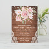 Floral Rustic Wood Rozen String Light Lace Wedding Kaart (Staand voorkant)