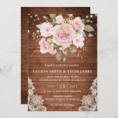 Floral Rustic Wood Rozen String Light Lace Wedding Kaart (Voorkant / Achterkant)