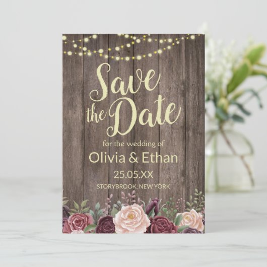 Floral Rustic Wood String Lights Save The Date (Staand voorkant)