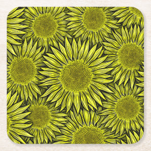 Floral Rustic Yellow Sunflower Hand getekend Vierkante Kartonnen Onderzetter
