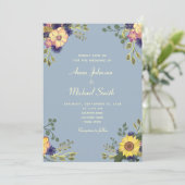 Floral Rustique Dusty Faire-part de mariage bleu (Debout devant)