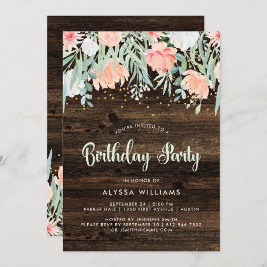 Floral rustique | Invitation de fête d'anniversair (Devant / Derrière)