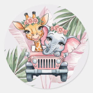 Floral Safari Adventure Pink Girl Baby shower Ronde Sticker