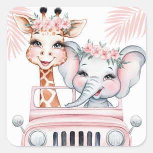 Floral Safari Adventure Pink Girl Baby shower Vierkante Sticker