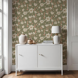 Floral Sage Green Beige Lily Botanisch Patroon Behang