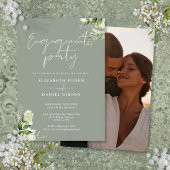Floral Sage Green Script Photo Engagement Party Kaart