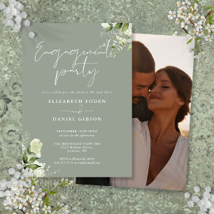 Floral Sage Green Script Photo Engagement Party Kaart