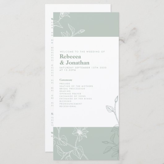 Floral Sage Green Wedding Programme (Devant / Derrière)