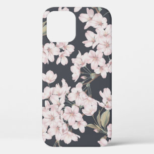 Floral sakura, donkergrijs, naadloos patroon. iPhone 12 hoesje