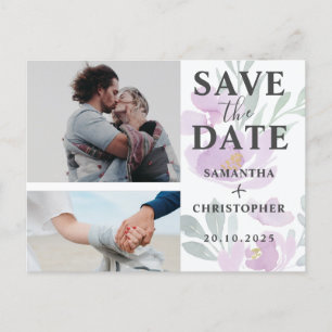 Floral Save the Date Puple & White Photo Wedding A Aankondigingskaart