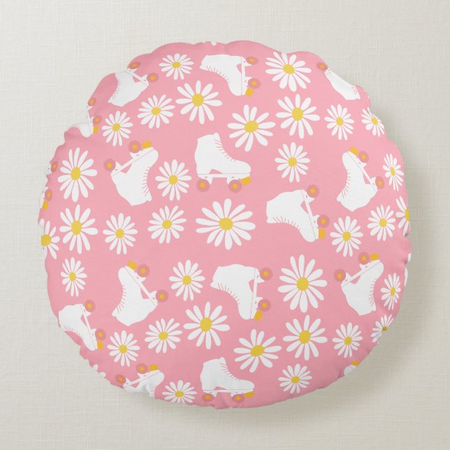 Floral Schaatsen Rollflating Pattern Birthday Roze Rond Kussen (Voorkant)