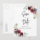 Floral Script Burgundy Wedding Save the Date Aankondigingskaart (Voorkant / Achterkant)