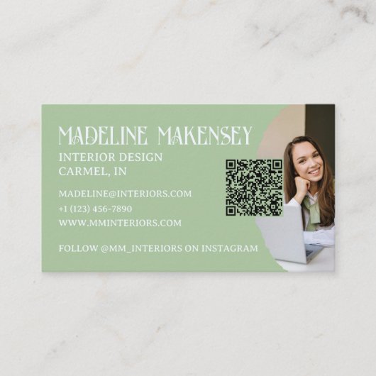 Floral Script QR Code Interieur Design Foto Visitekaartje (Voorkant)