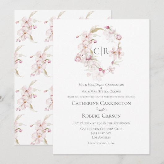 Floral Script Roze bruiloft Kaart (Voorkant / Achterkant)
