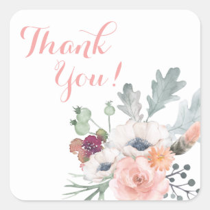Floral Script Roze Elegant Peonies Rozen Dank u we Vierkante Sticker