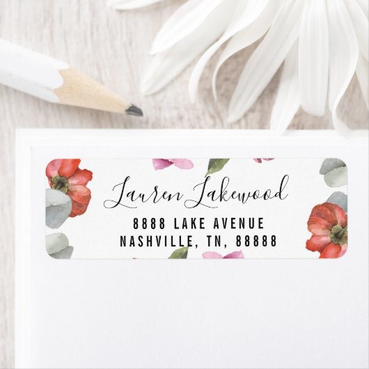 Floral Script Vrijgezellenfeest Return Address Lab Etiket (Insitu)