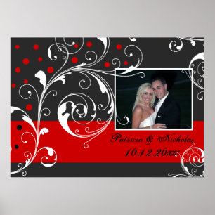 Floral scroll leaf black, rode trouwfoto poster