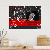Floral scroll leaf black, rode trouwfoto poster (Keuken)