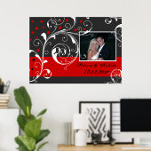 Floral scroll leaf black, rode trouwfoto poster (Thuiskantoor)
