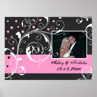 Floral scroll leaf zwarte roze trouwfoto poster