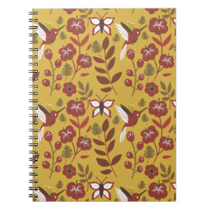 Floral seamless pattern flowers, butterfly, red notitieboek