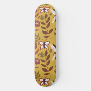 Floral seamless pattern flowers, butterfly, red skateboard