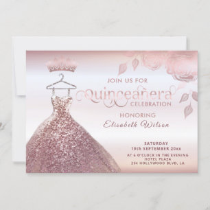 Floral sequeit roos gouden jurk Quinceañera Invita Kaart
