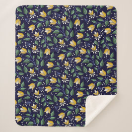 Floral Sherpa Blanket in Diep Blauw en Geel Deken