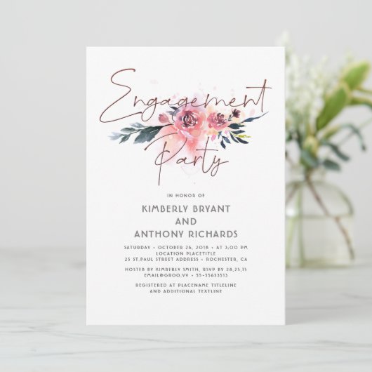 Floral Signature Script Elegant Engagement Party Kaart (Staand voorkant)