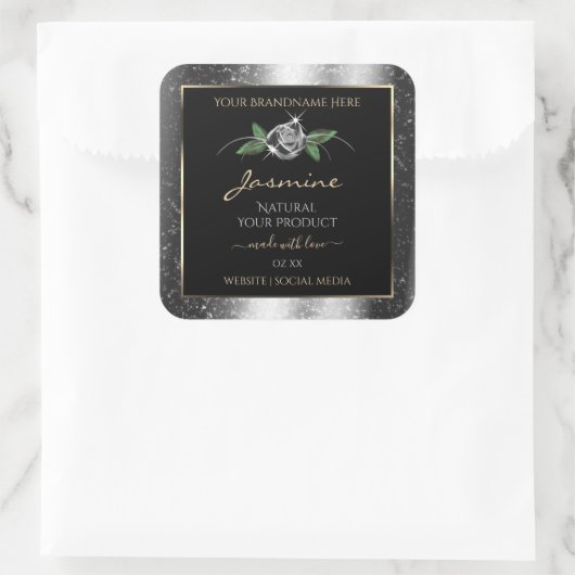 Floral Silver Black Product Labels Sparkle Glitter (Tas)