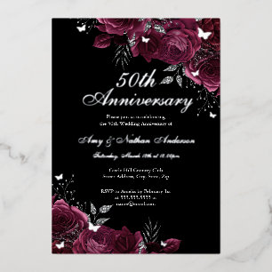 Floral Silver Bourgondië 50ste bruiloft Jubileum Folie Uitnodiging