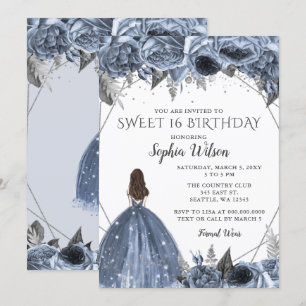 Floral Silver Dusty Blue Spakle Dress Sweet 16 Inv Kaart