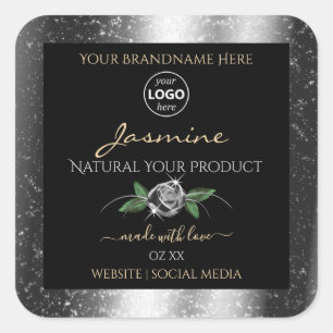 Floral Silver Glitter Black Product Labels Logo