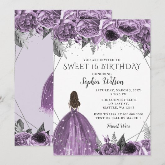 Floral Silver Paarse Spakle Dress Sweet 16 Kaart (Voorkant / Achterkant)