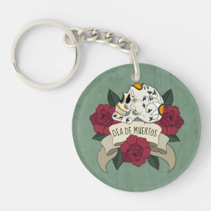 Floral Skull Dia de los Muertos   Button Sleutelha Sleutelhanger