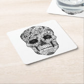 Floral Skull Doodle Vierkante Kartonnen Onderzetter (Schuin)
