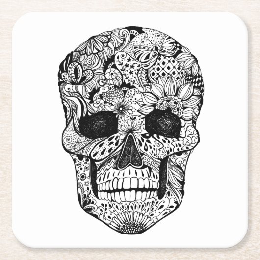 Floral Skull Doodle Vierkante Kartonnen Onderzetter (Voorkant)