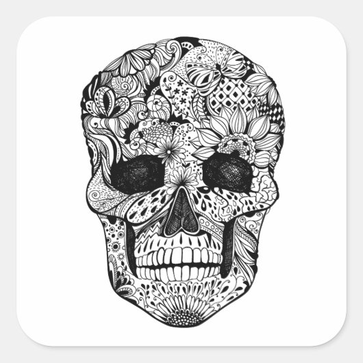 Floral Skull Doodle Vierkante Sticker (Voorkant)