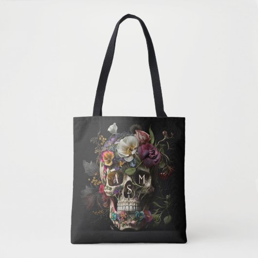 Floral Skull Gothic Pagan Monogram Initialen Draagtas (Voorkant)