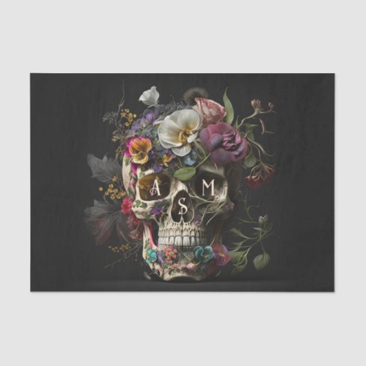 Floral Skull Gothic Pagan Monogram Initialen Tissuepapier (Voorkant)