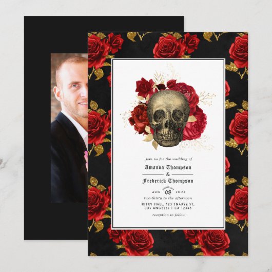 Floral Skull Gothic Wedding Photo Kaart (Voorkant / Achterkant)