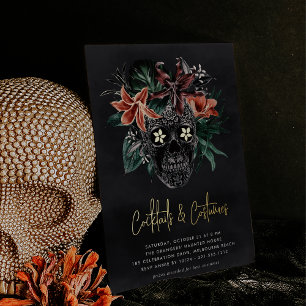 Floral Skull Halloween Cocktails & Costumes Party Folie Uitnodiging