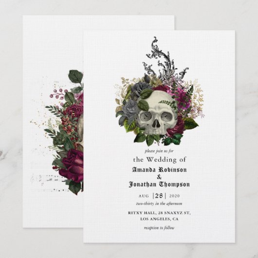 Floral Skull Halloween Gothic Wedding Invitation Kaart (Voorkant / Achterkant)