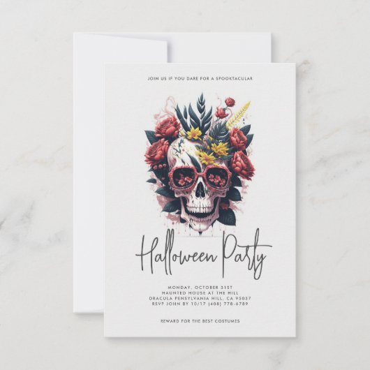 Floral Skull Halloween Party Kaart (Voorkant)