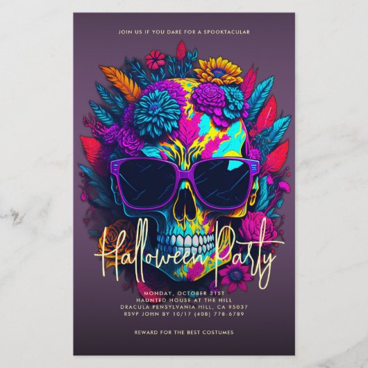 Floral Skull Halloween Party Paars Flyer (Voorkant)