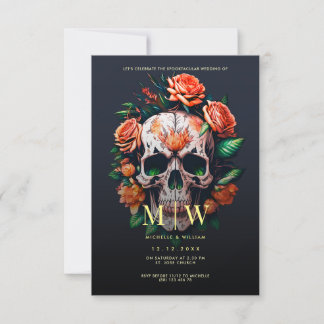 Floral Skull Monogram Halloween Wedding Kaart