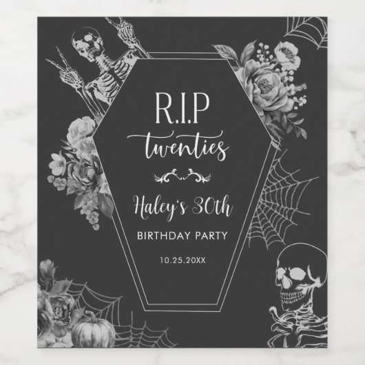 Floral Skull RIP Twenties 30th Birthday Party Wijn Etiket (Enkel label)
